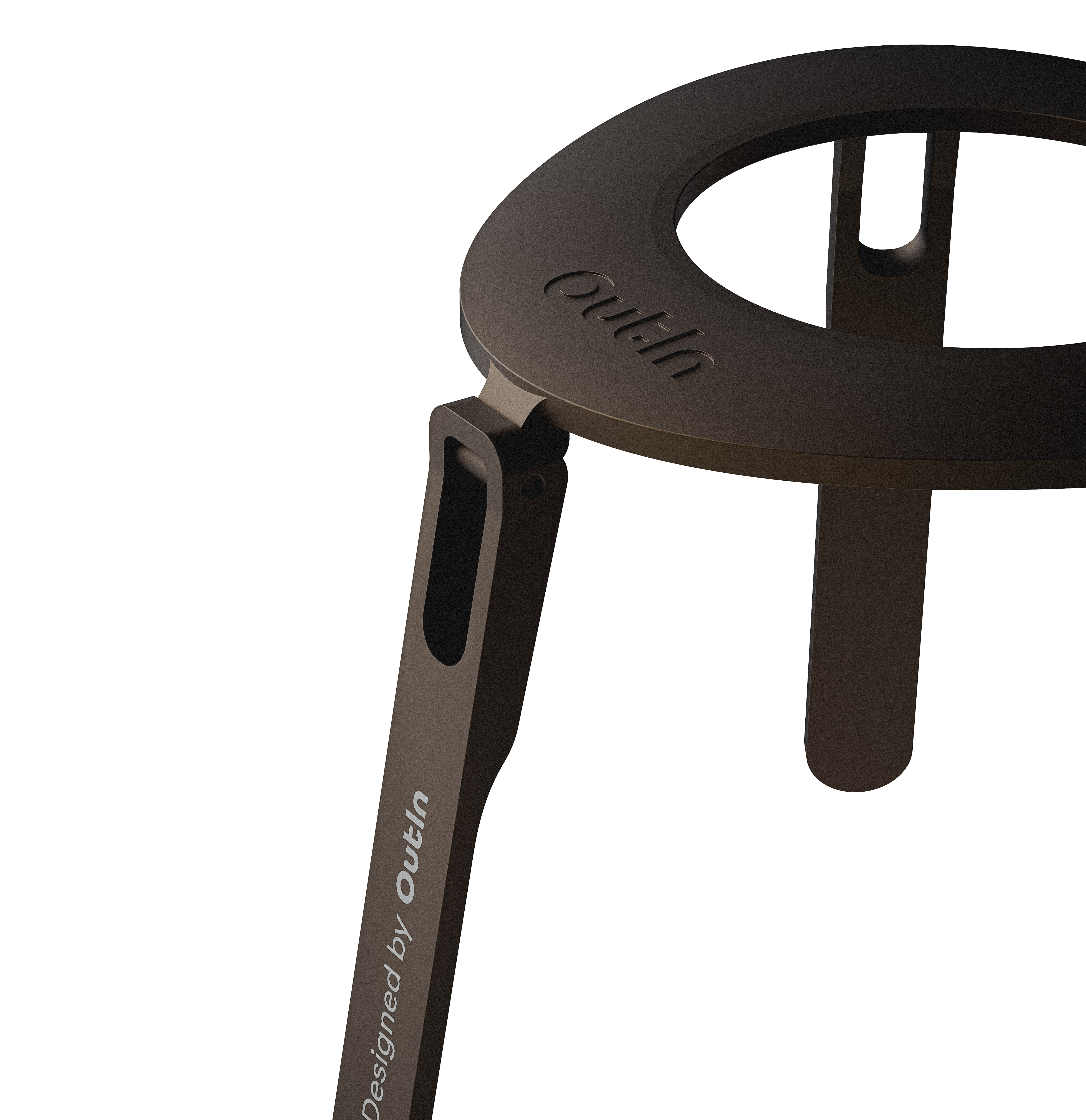Een donkere metalen standaard met het gegraveerde logo 'Outin'.