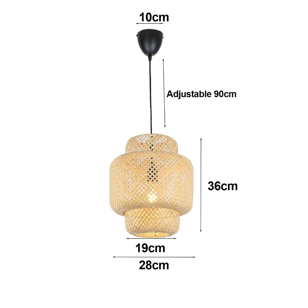 Lámpara colgante de bambú ajustable, 36cm alta, 28cm ancha.