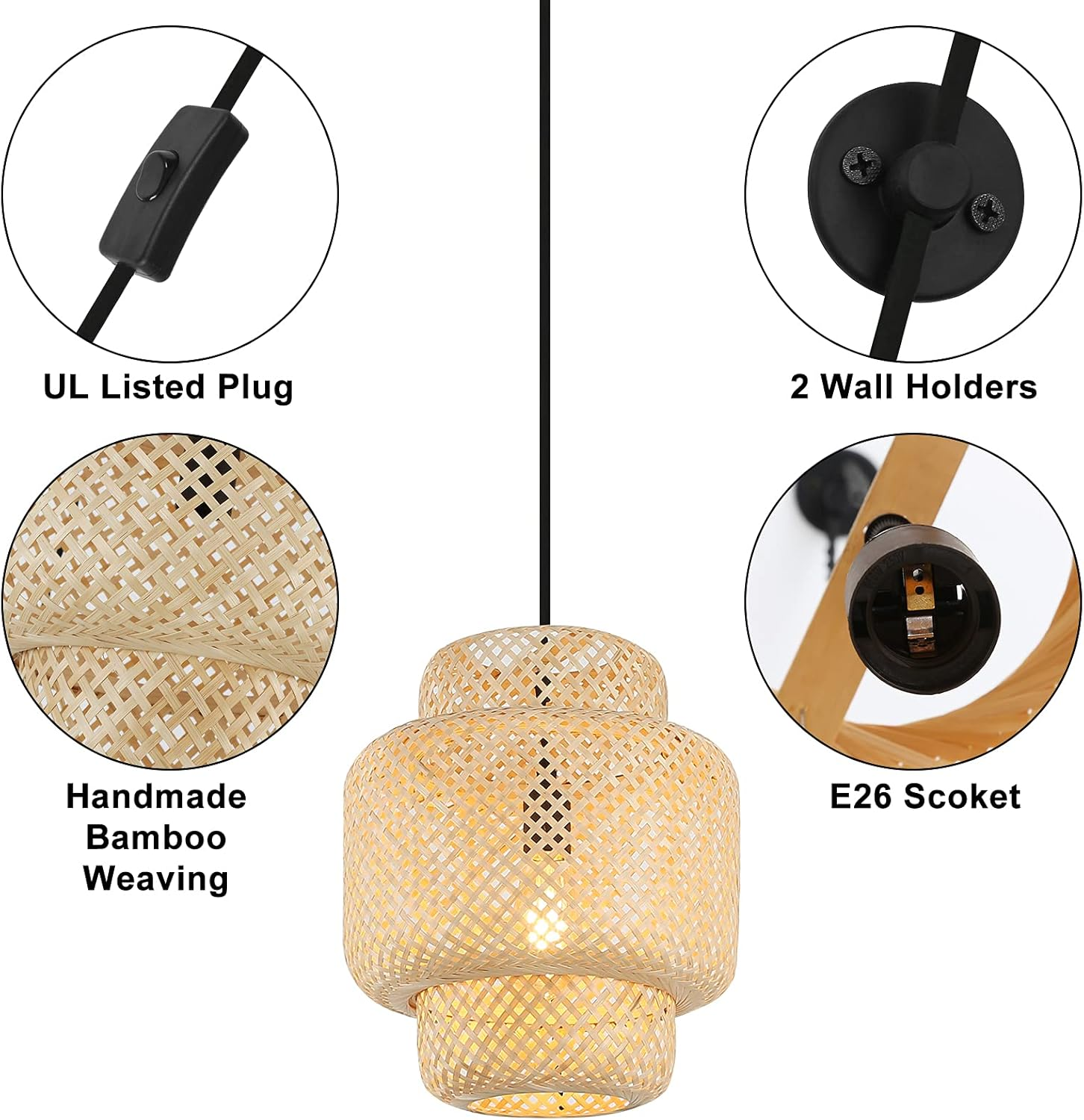 Lámpara colgante tejida de bambú con enchufe, soportes de pared y casquillo E26.