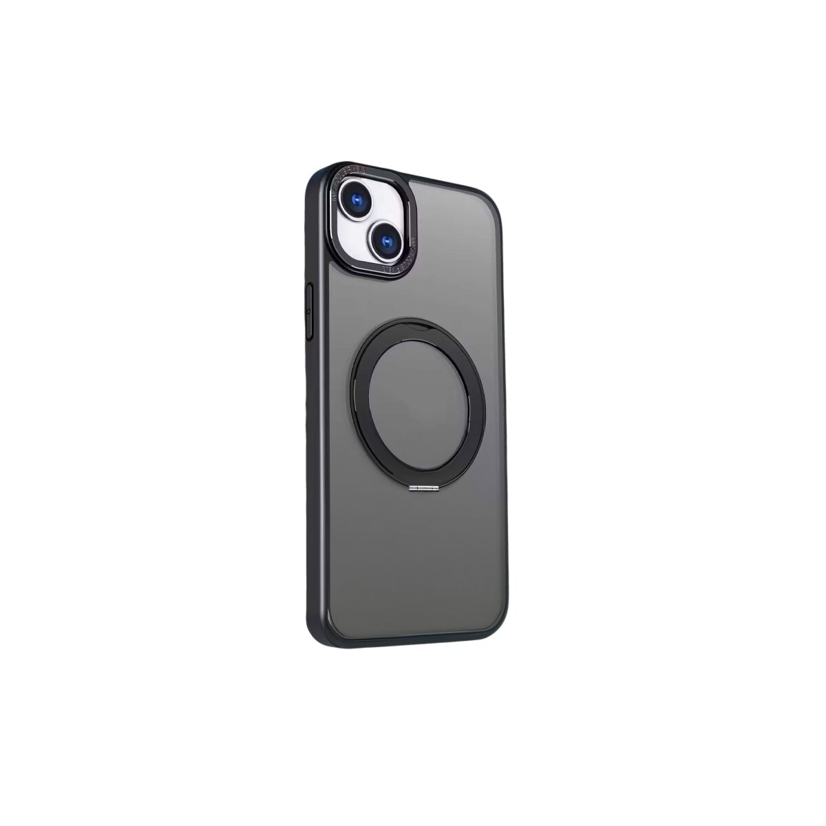 Retro di una custodia per telefono grigia con anello magnetico e due fotocamere.