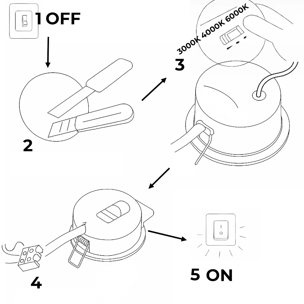 Instrucciones: Interruptor APAGADO, herramienta en dispositivo, ajustar DIP, conectar cable, interruptor ENCENDIDO.