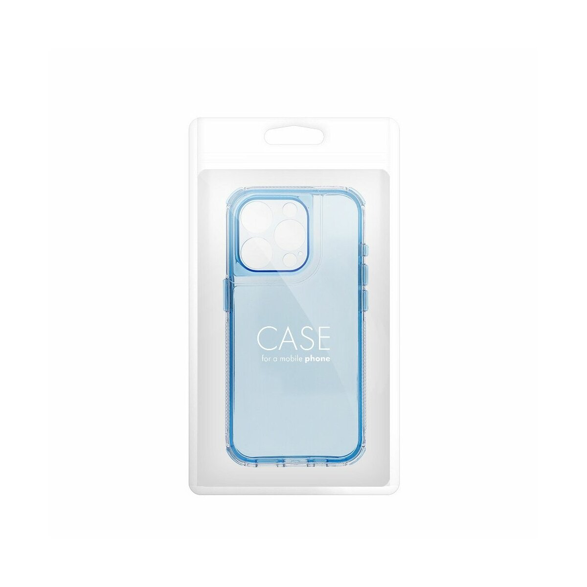 Una cover blu trasparente per telefono nella sua confezione.