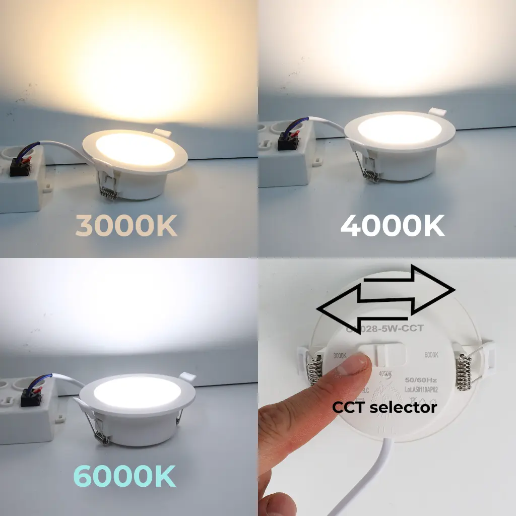 Cuatro vistas de una luz LED mostrando la selección de temperatura de color.