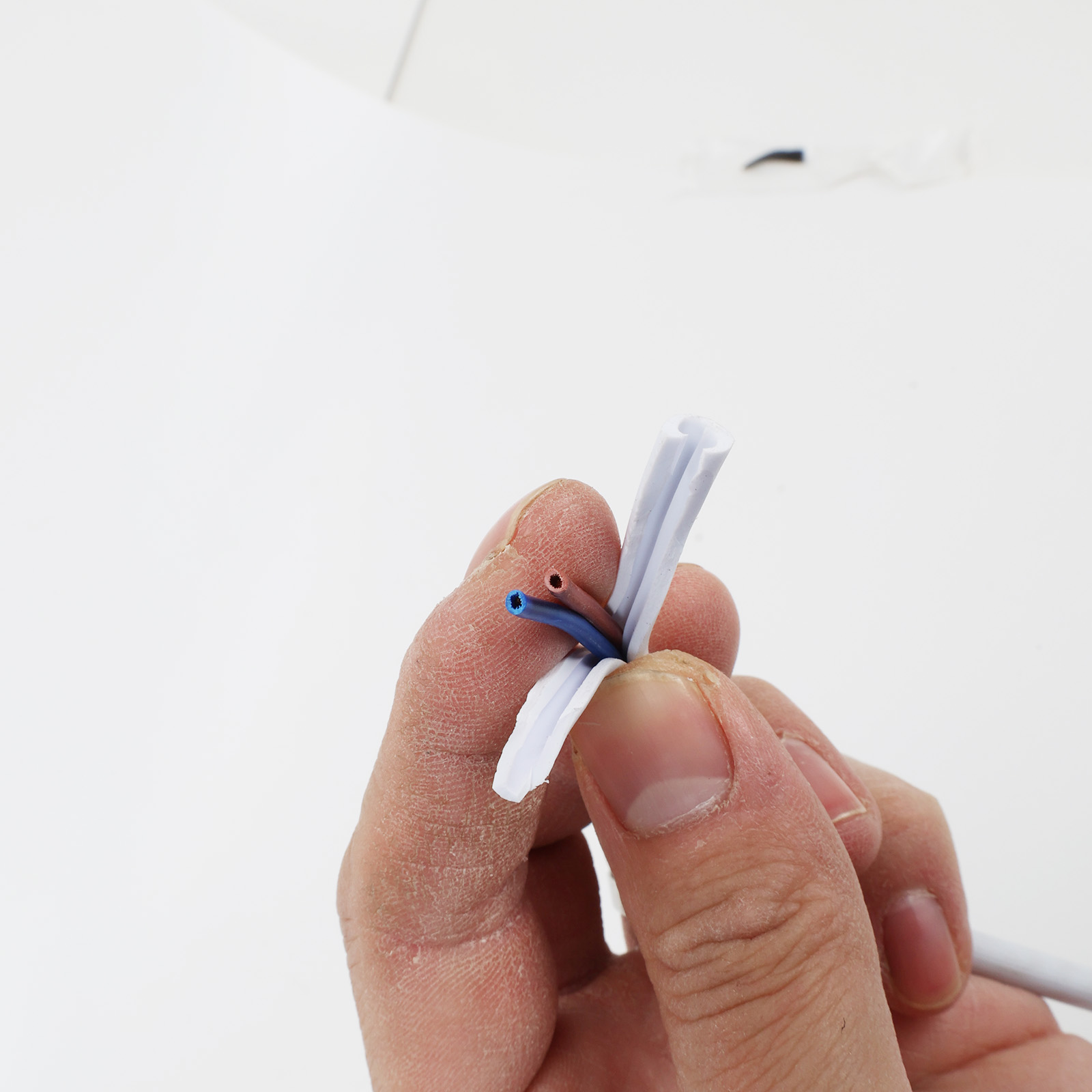 Una mano sujeta cables azul y marrón expuestos con aislamiento blanco.