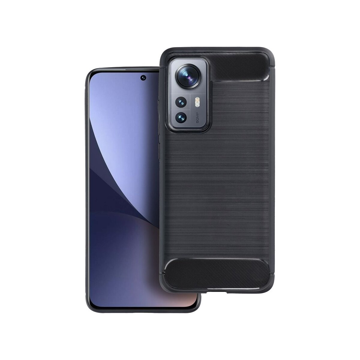 Zwarte telefoonhoes met geborstelde metaaltextuur en cameramodule.