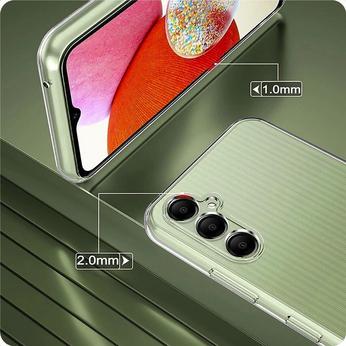 Grüne Handyhülle mit 1,0 mm und 2,0 mm Dicke.