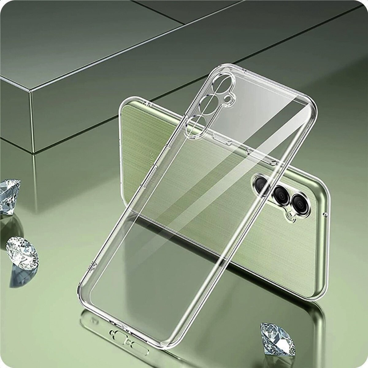 Transparente Handyhülle mit grüner Rückseite und drei Diamanten.