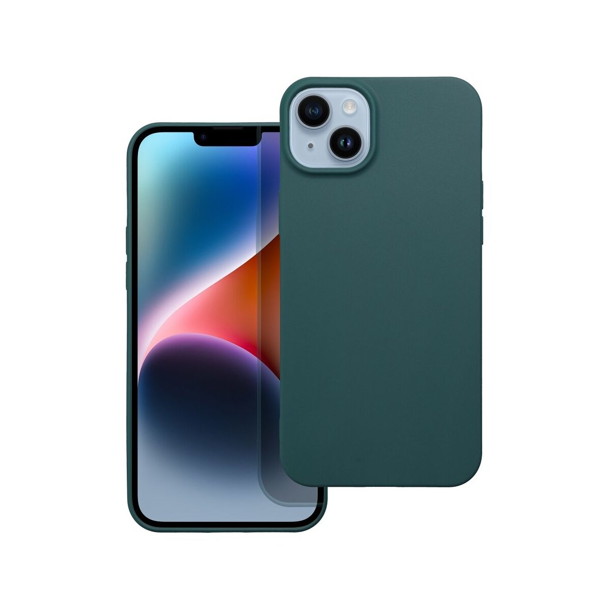 Un iPhone verde scuro accanto alla sua custodia.
