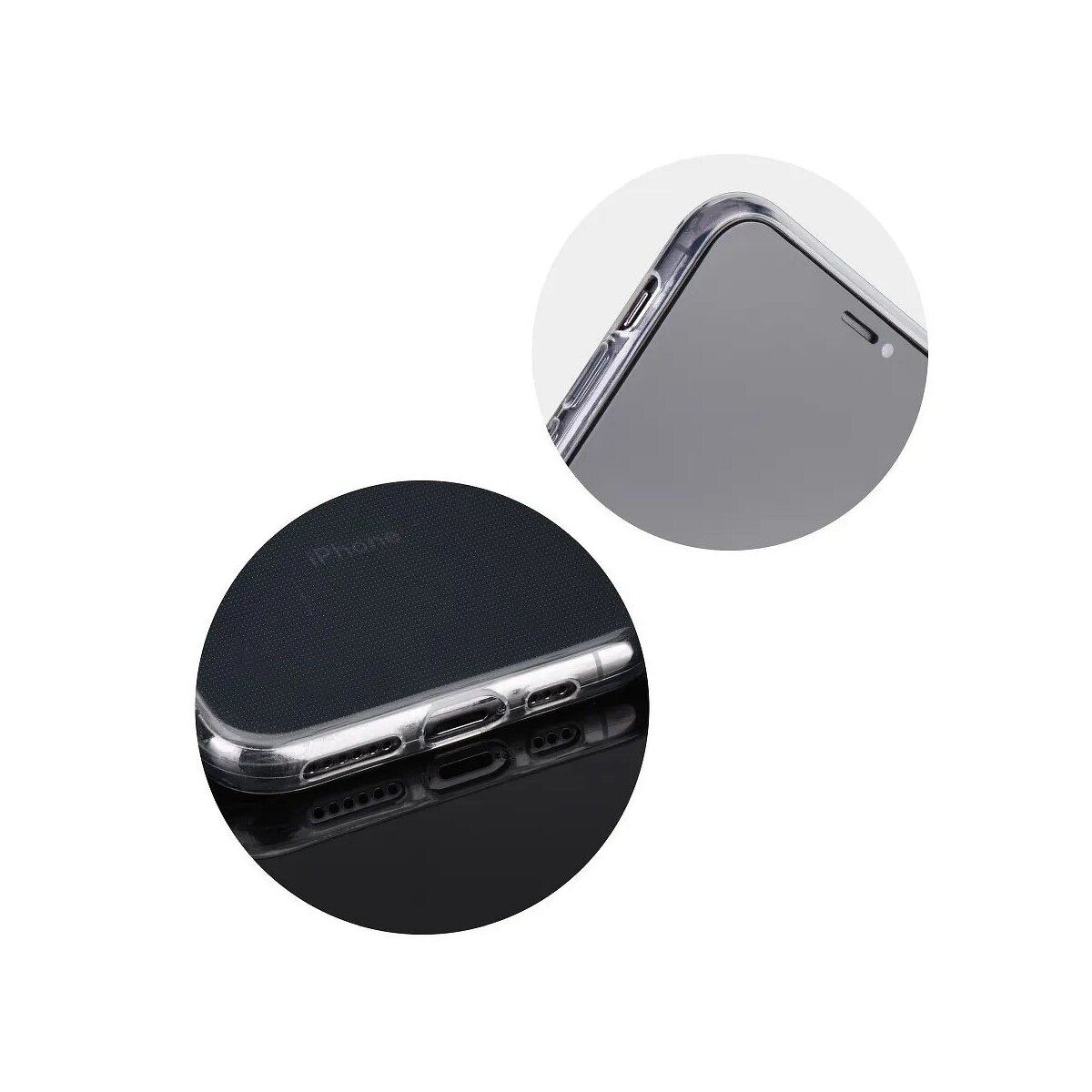 Close-up van een doorzichtige iPhone hoes met oplaadpoort en knoppen.