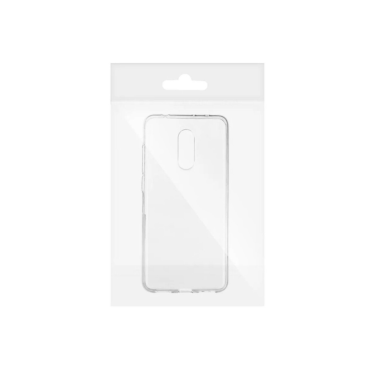 Transparante telefoonhoes in verpakking met ophangoog.
