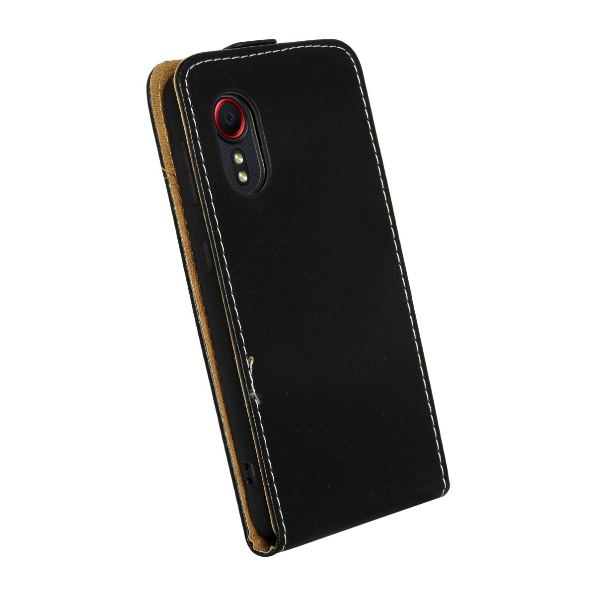 Telefono nero in custodia di pelle marrone con cuciture bianche, cuciture bianche