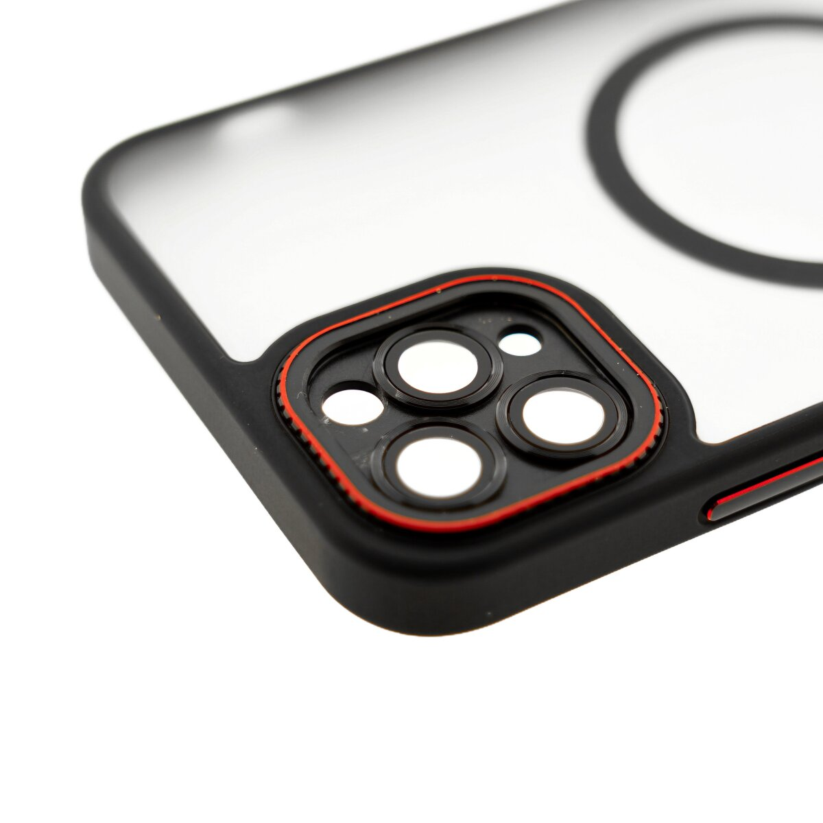 Custodia trasparente per telefono con bordo nero e ritaglio fotocamera.