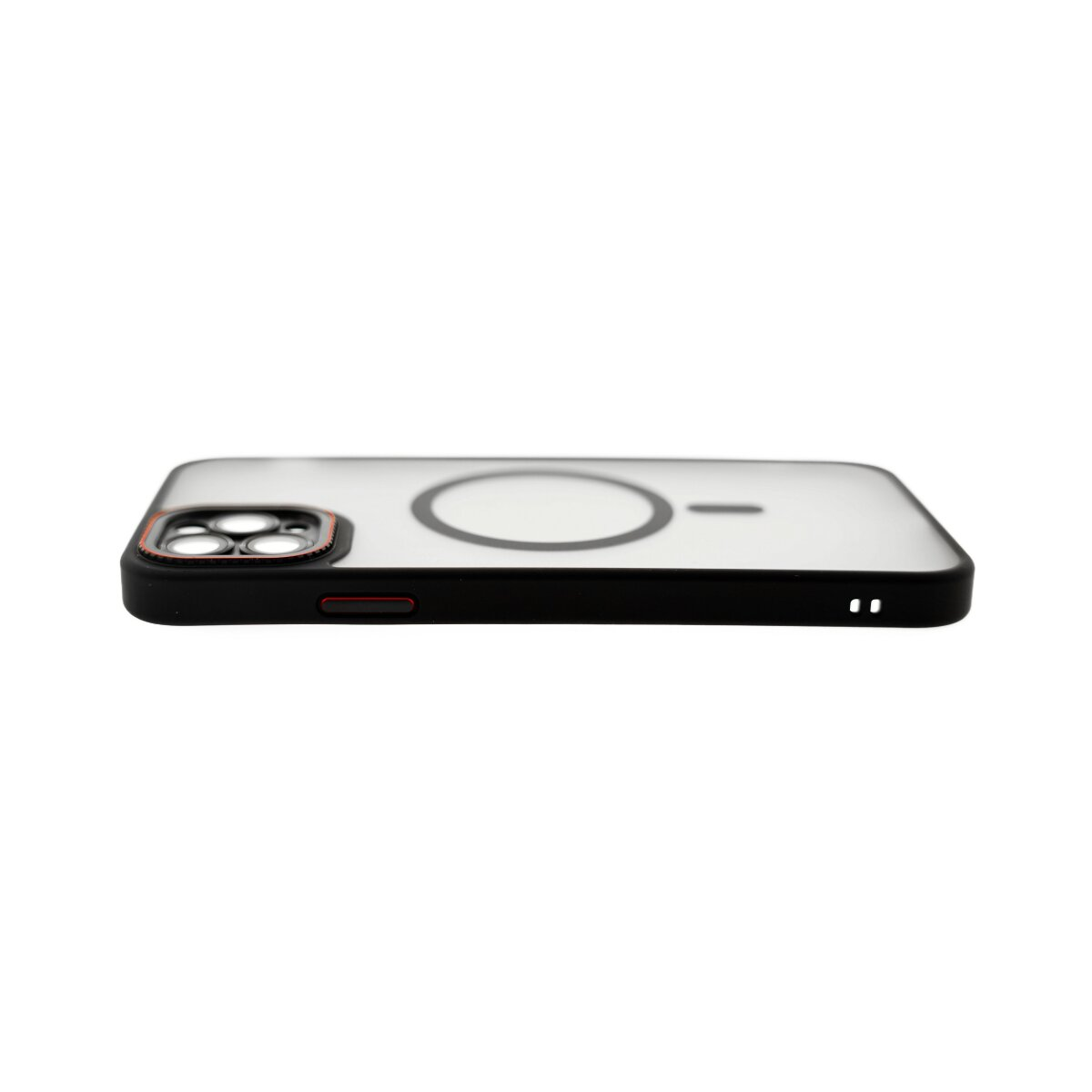 Custodia nera per telefono con modulo fotocamera e anello magnetico.