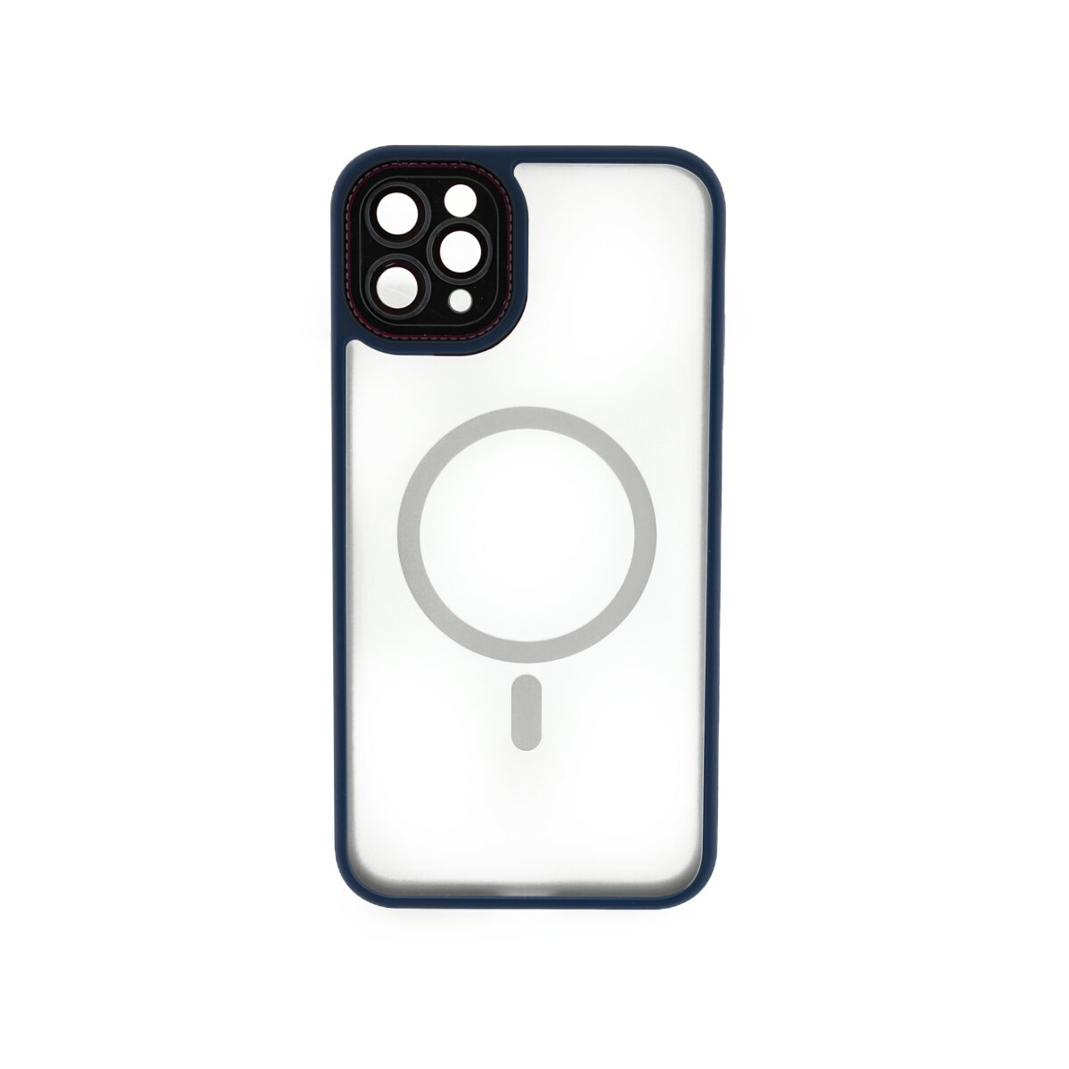 Custodia trasparente con bordo blu scuro, fotocamera e cerchio MagSafe.