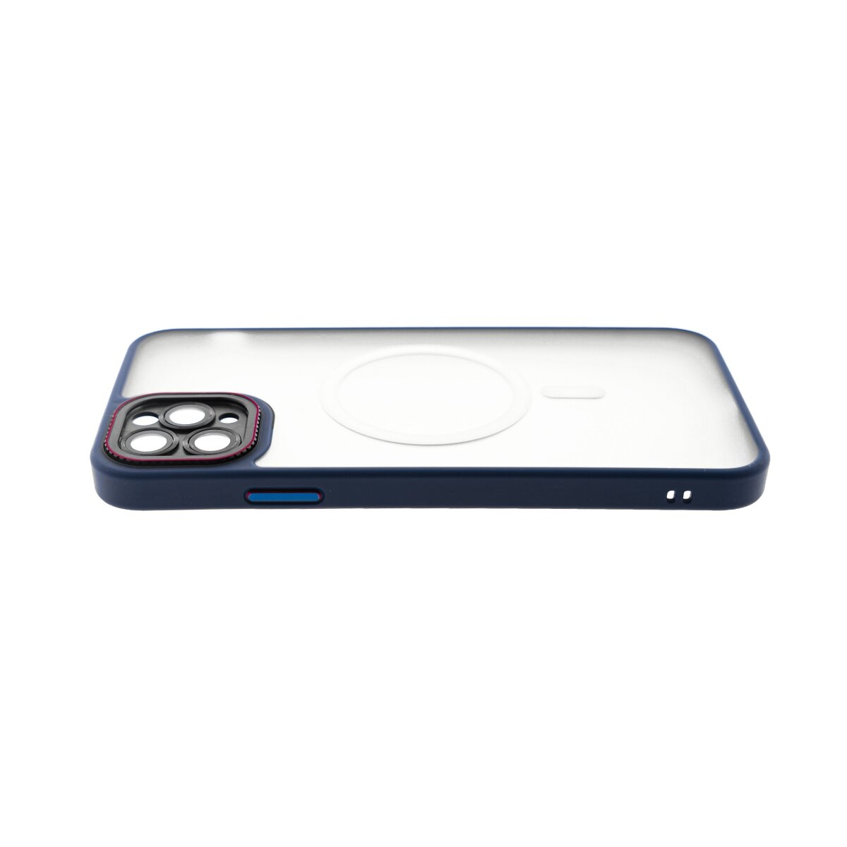Custodia blu scuro per smartphone con ritaglio fotocamera e anello magnetico.