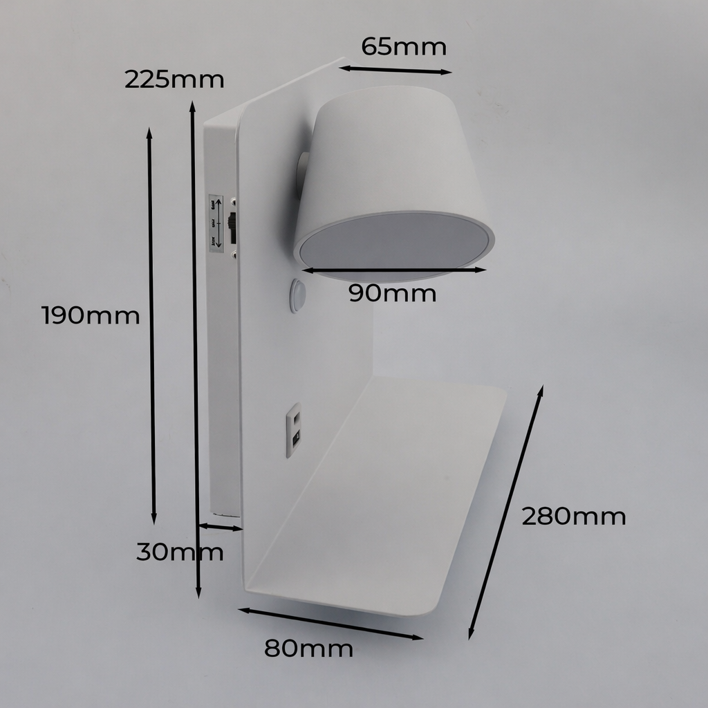 Lámpara de pared blanca con estante, puertos USB y dimensiones.