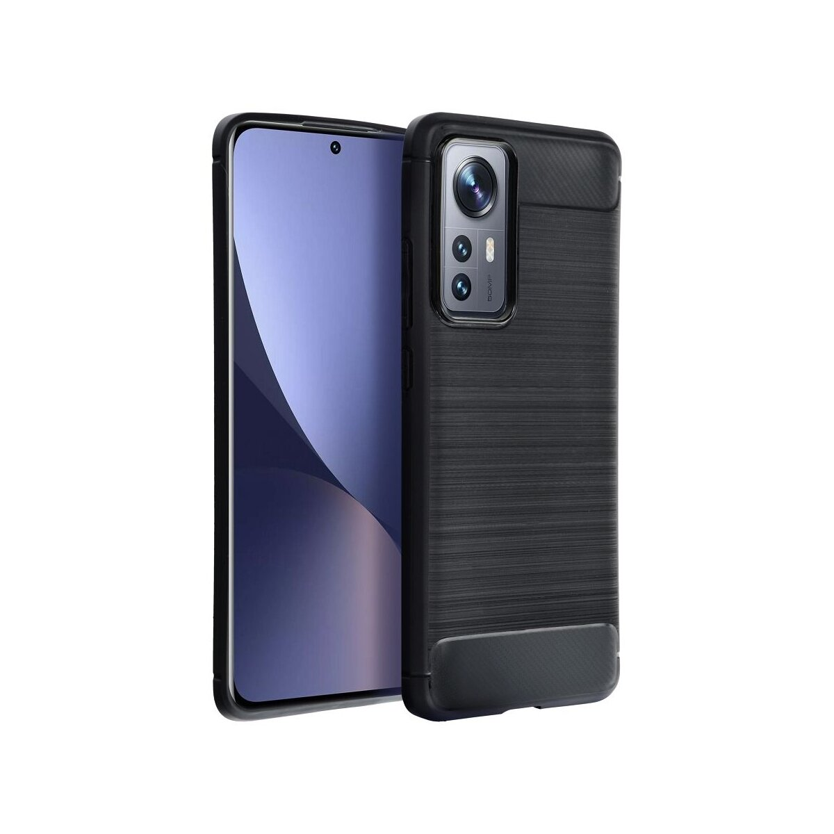 Telefono nero con sistema di fotocamere e custodia.