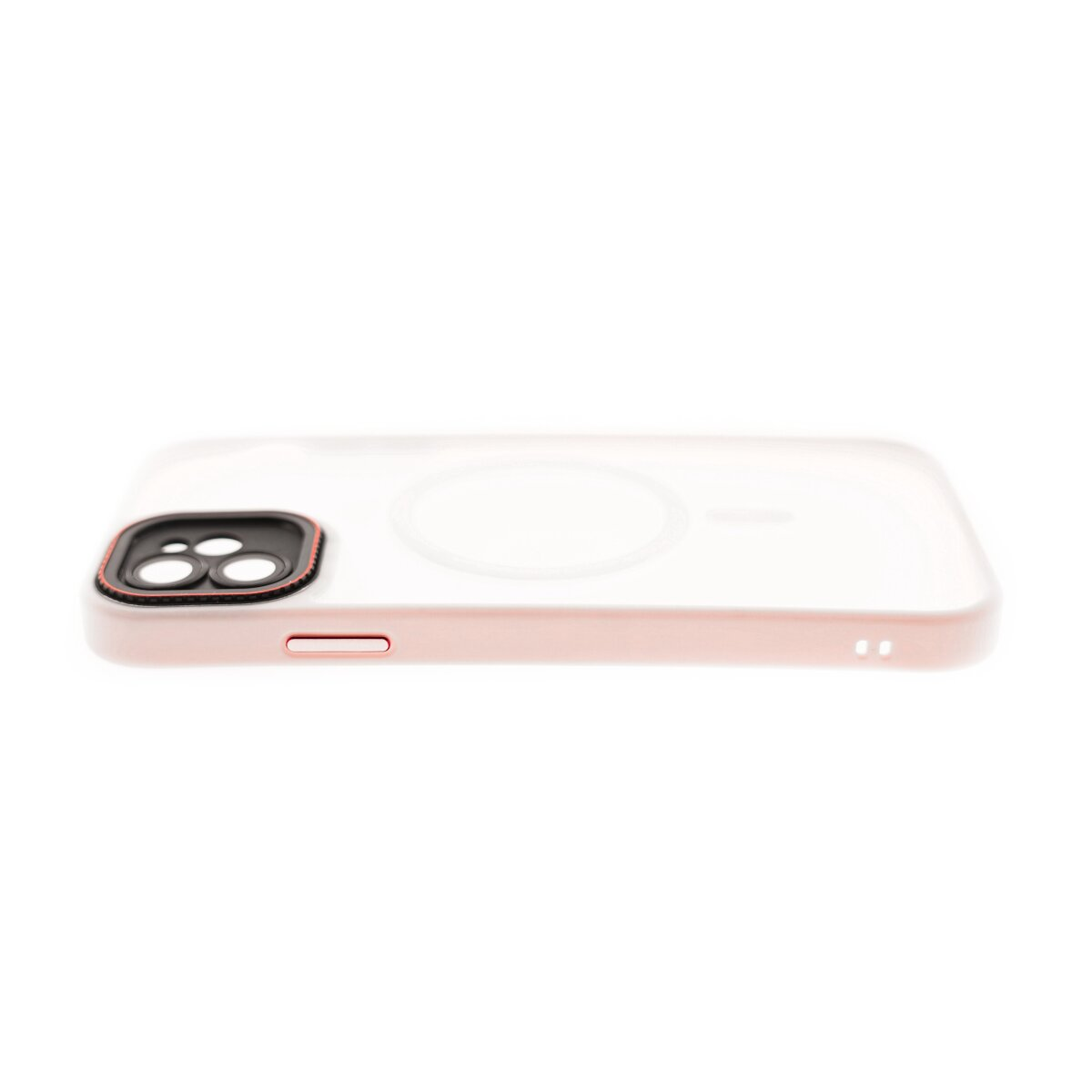 Una custodia rosa per telefono con modulo fotocamera nero.