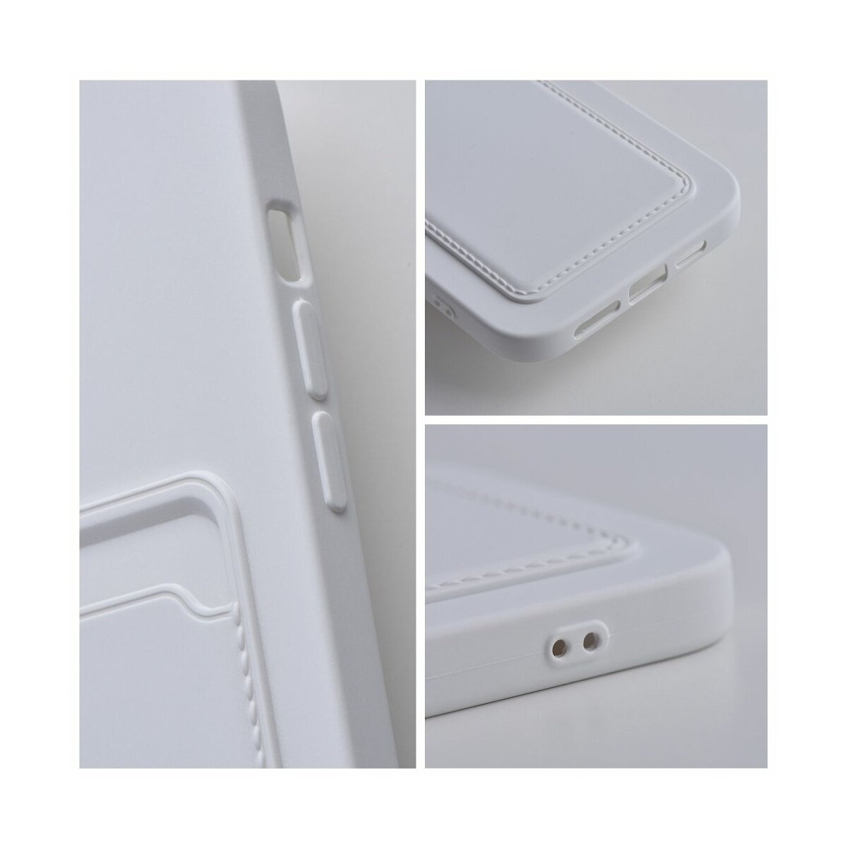 Cover bianca per telefono con slot per carte e pulsanti, primo piano.