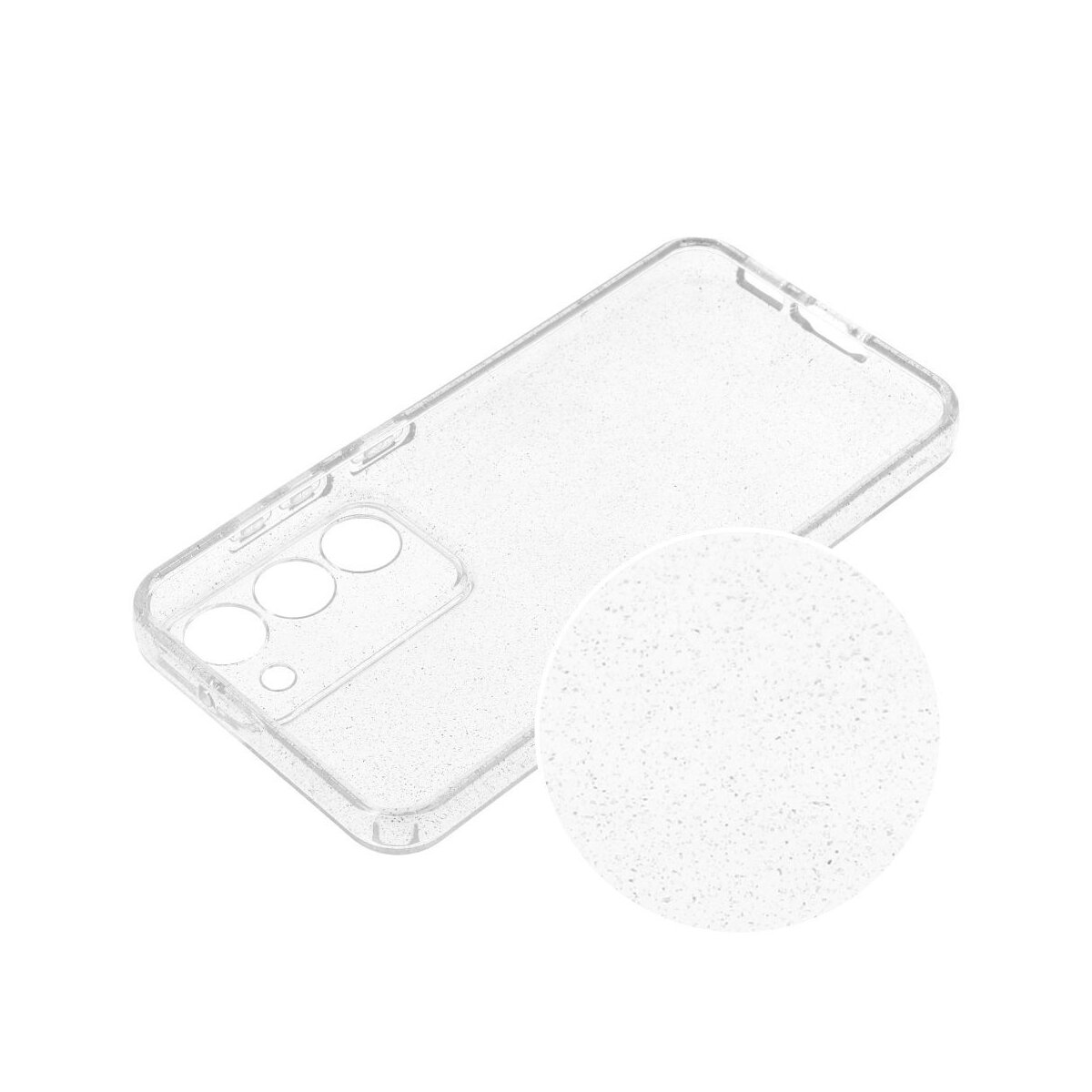 Custodia trasparente per telefono con particelle glitter e foro fotocamera.