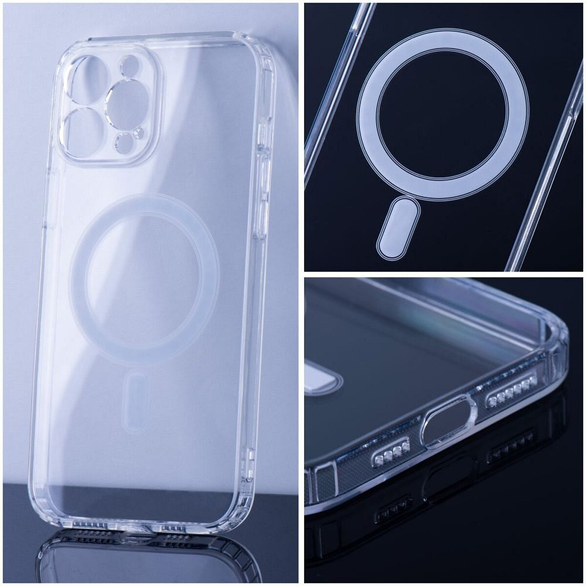 Transparente Hülle mit Magnetring und Kamerabezug.