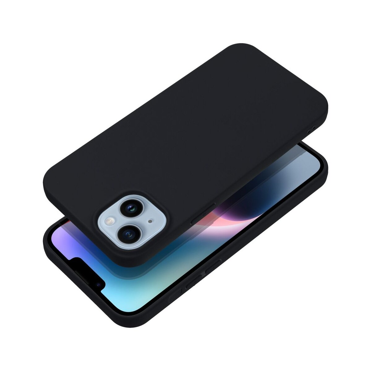 Een zwarte telefoonhoes ligt op een smartphone met blauw scherm.