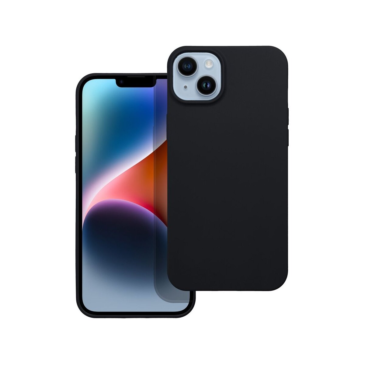 Een zwarte iPhone met hoesje, geplaatst op een witte achtergrond.