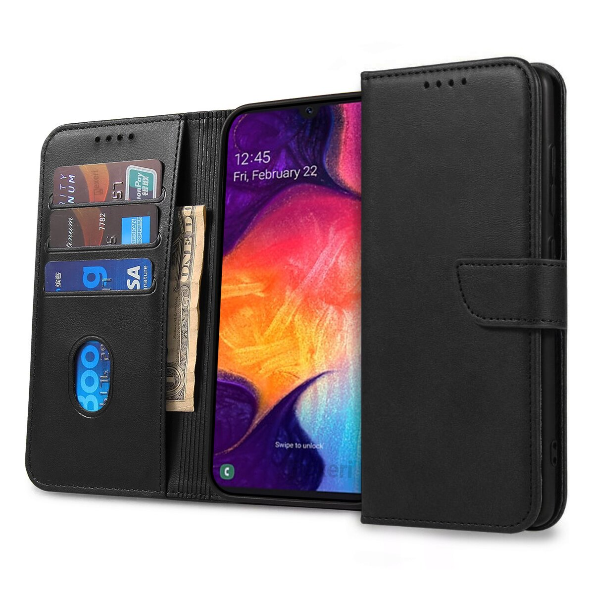 Schwarze Handyhülle mit Kartenfächern und Geldscheinfach. Das Handy ist eingeschaltet.