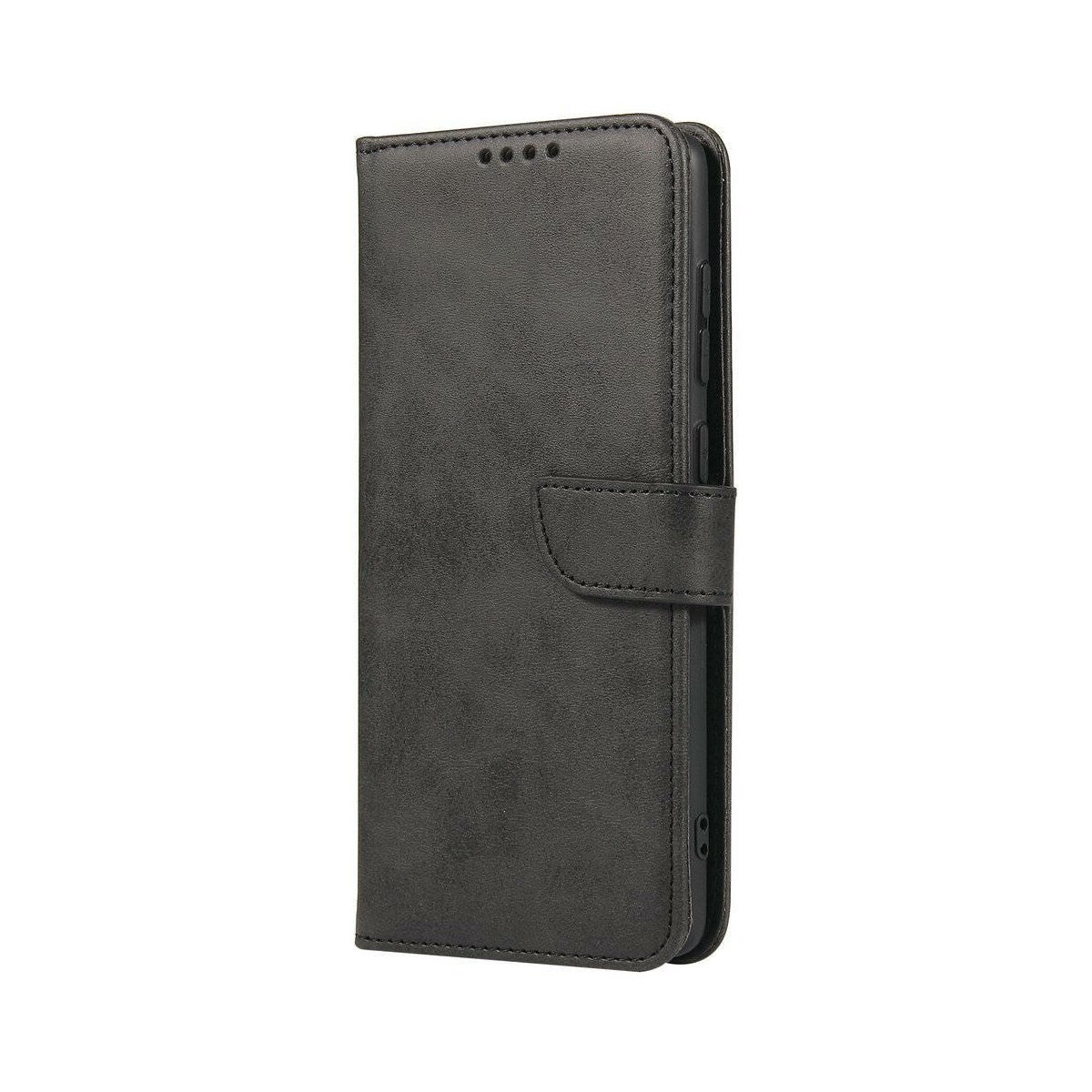 Eine schwarze, texturierte Brieftaschen-Handyhülle steht vertikal auf weißem Grund.