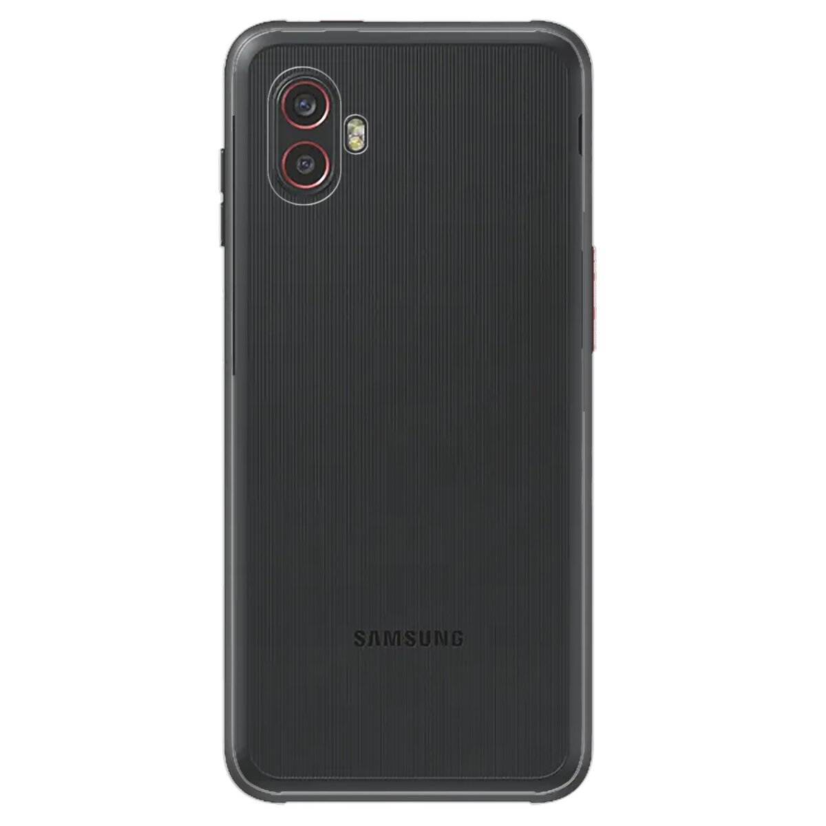Custodia nera per telefono con texture a coste e due obiettivi sulla parte superiore.