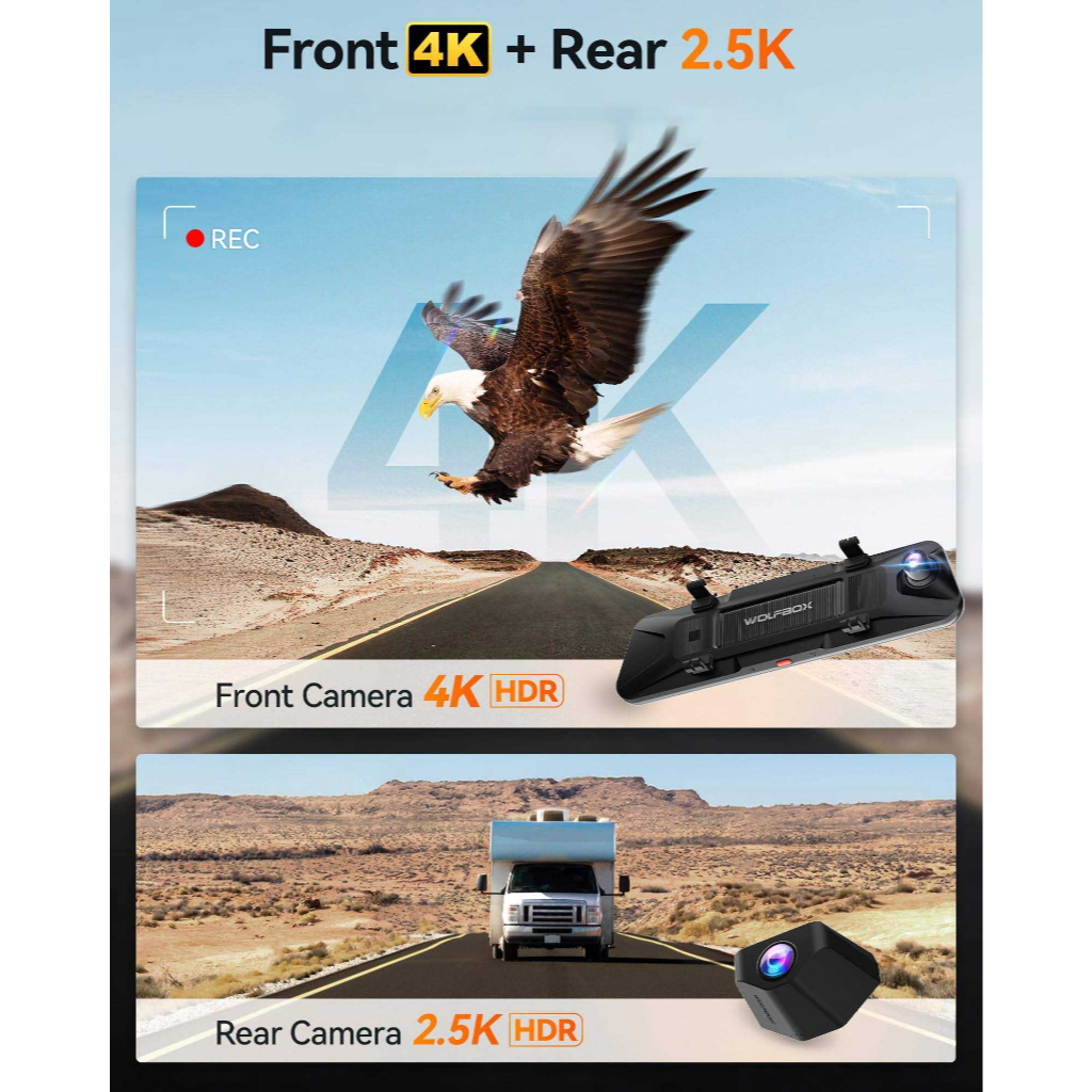 4K-frontcamera toont vliegende adelaar boven weg. 2,5K-camera achter toont camper.