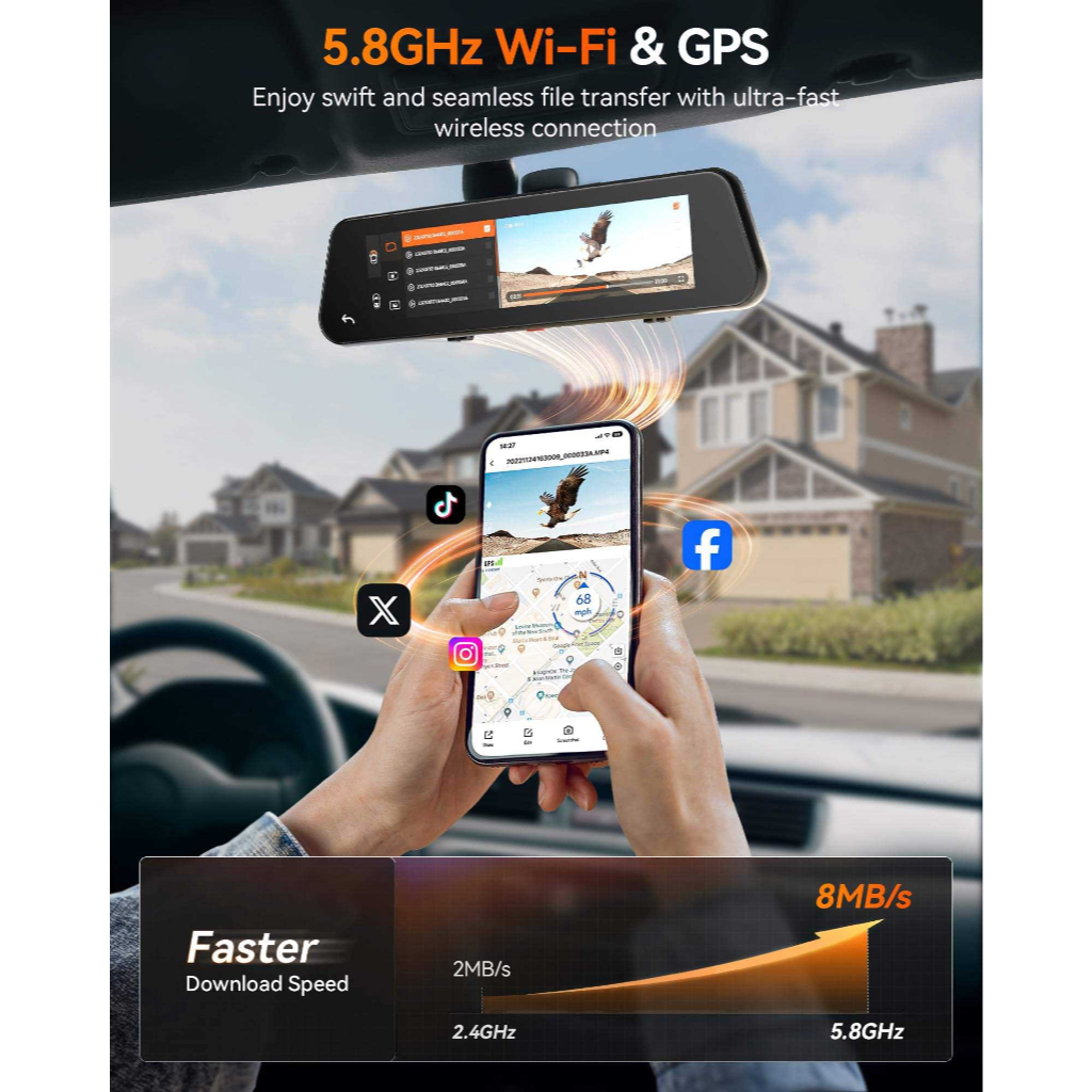Een auto DVR en smartphone worden getoond die draadloos verbinden.