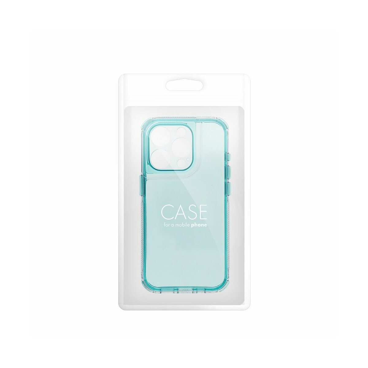 Custodia blu trasparente per cellulare in confezione con foro.