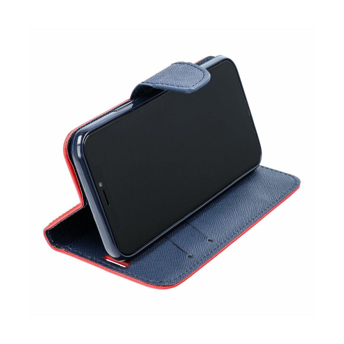 Ein blaues Smartphone-Etui mit rotem Rand, das um ein dunkles Telefon gefaltet ist.
