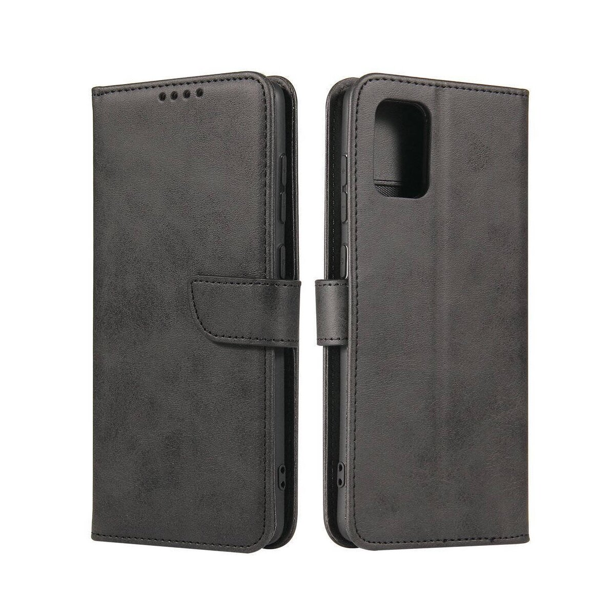 Una custodia a flip in pelle nera è mostrata aperta, con slot per carte e ritaglio per fotocamera.