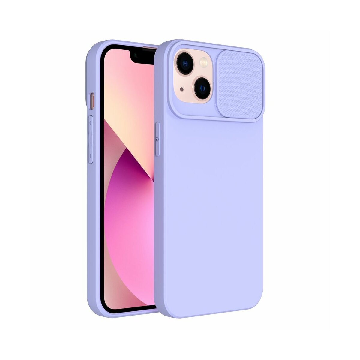 Una cover viola per iPhone con copriobiettivo e parte dello schermo.