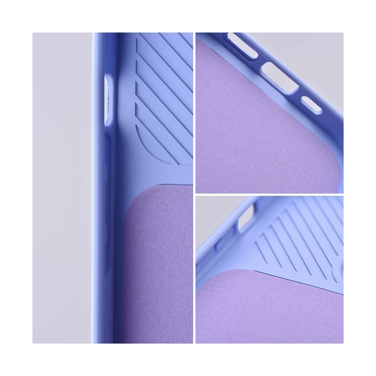 Custodia viola per telefono con interno scanalato e ritagli.