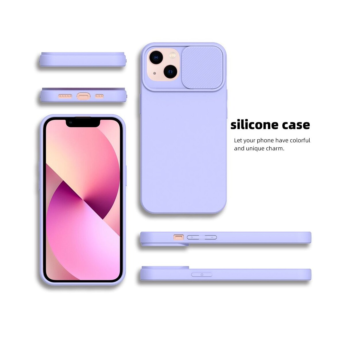 Custodia in silicone lavanda con copri-fotocamera e un telefono.