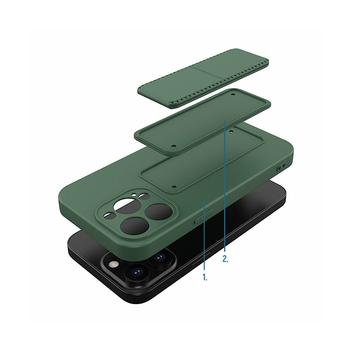 Cover del telefono verde scuro smontata su uno smartphone nero.
