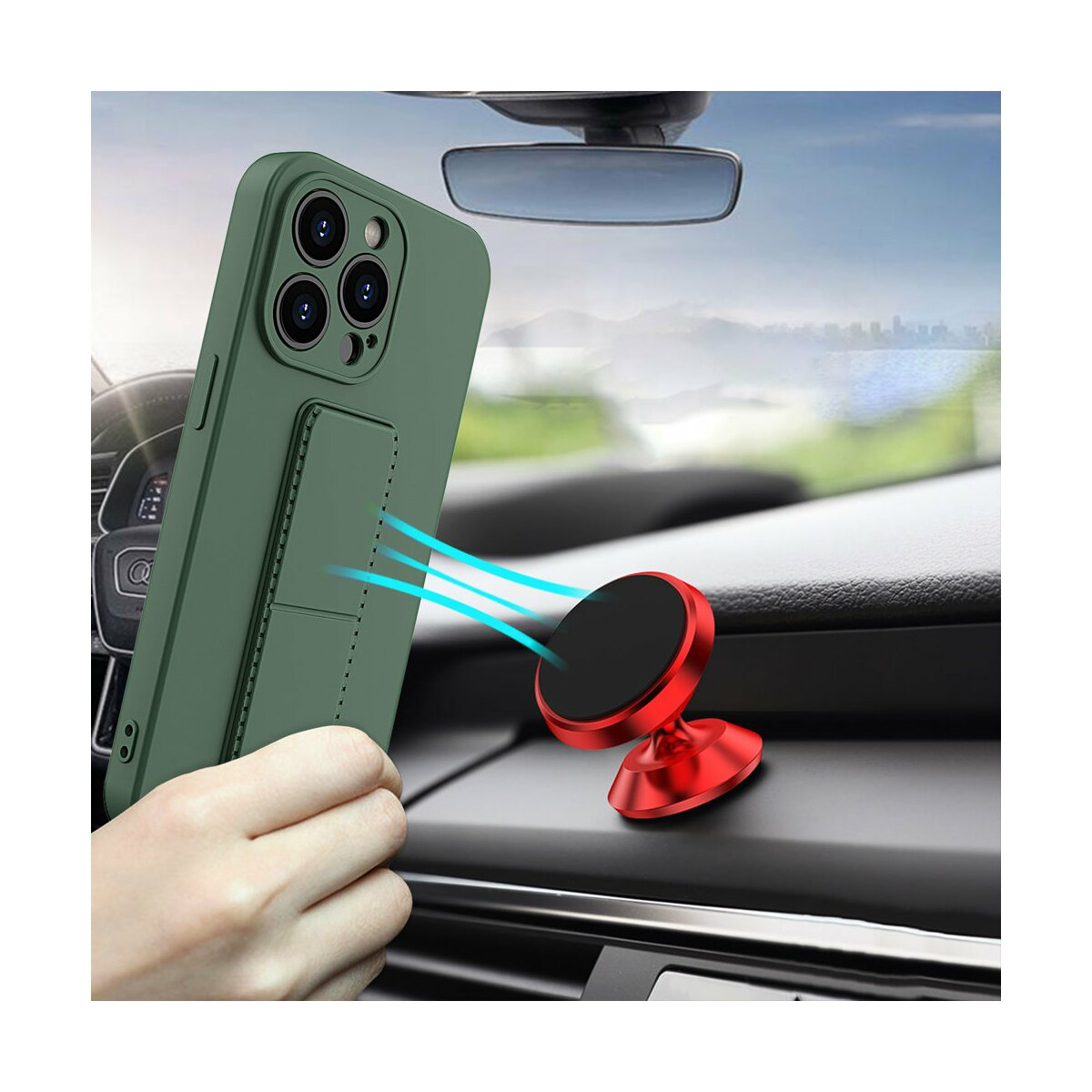 Custodia verde per telefono con supporto accanto a supporto per auto rosso.