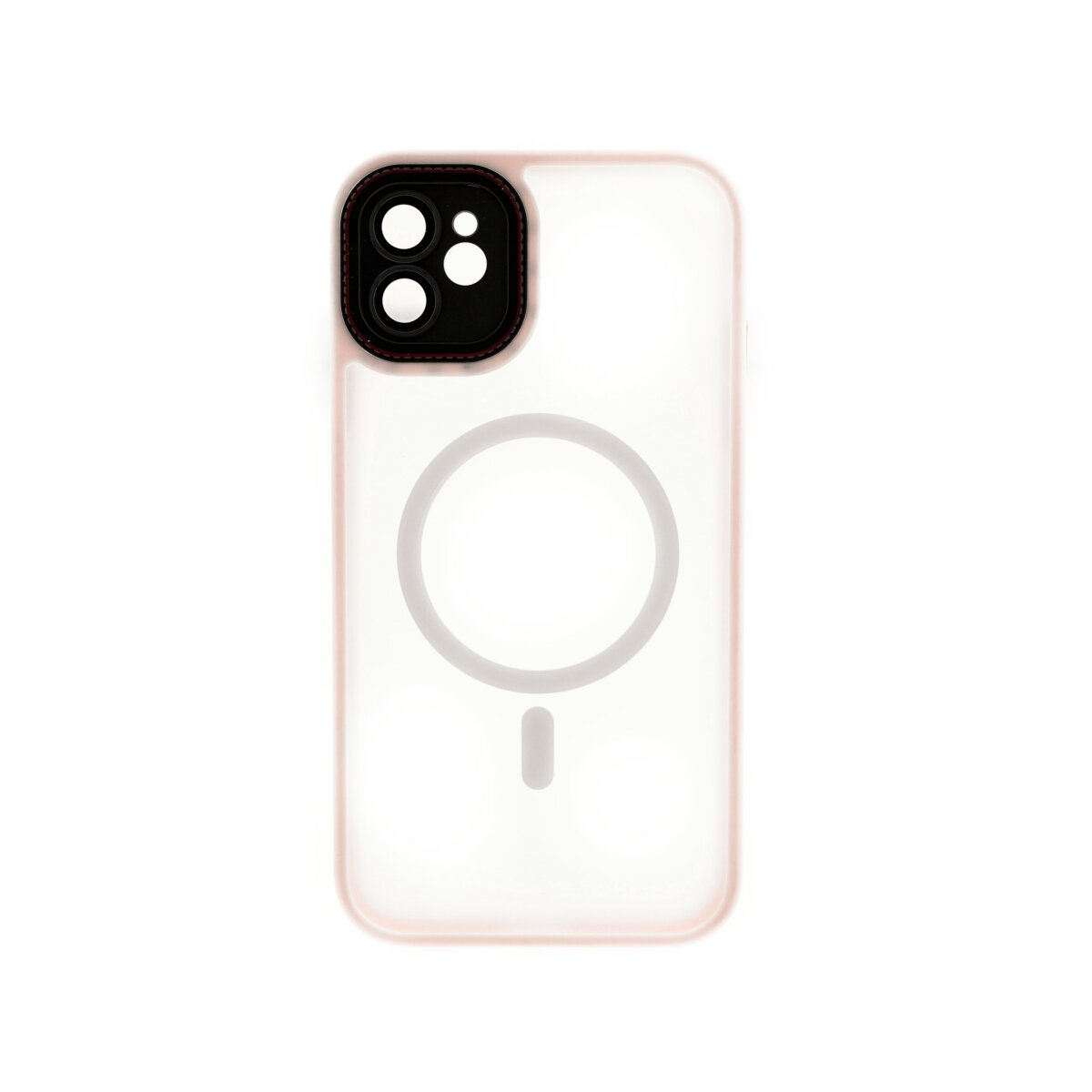Una cover trasparente per telefono con bordi rosa e modulo fotocamera.