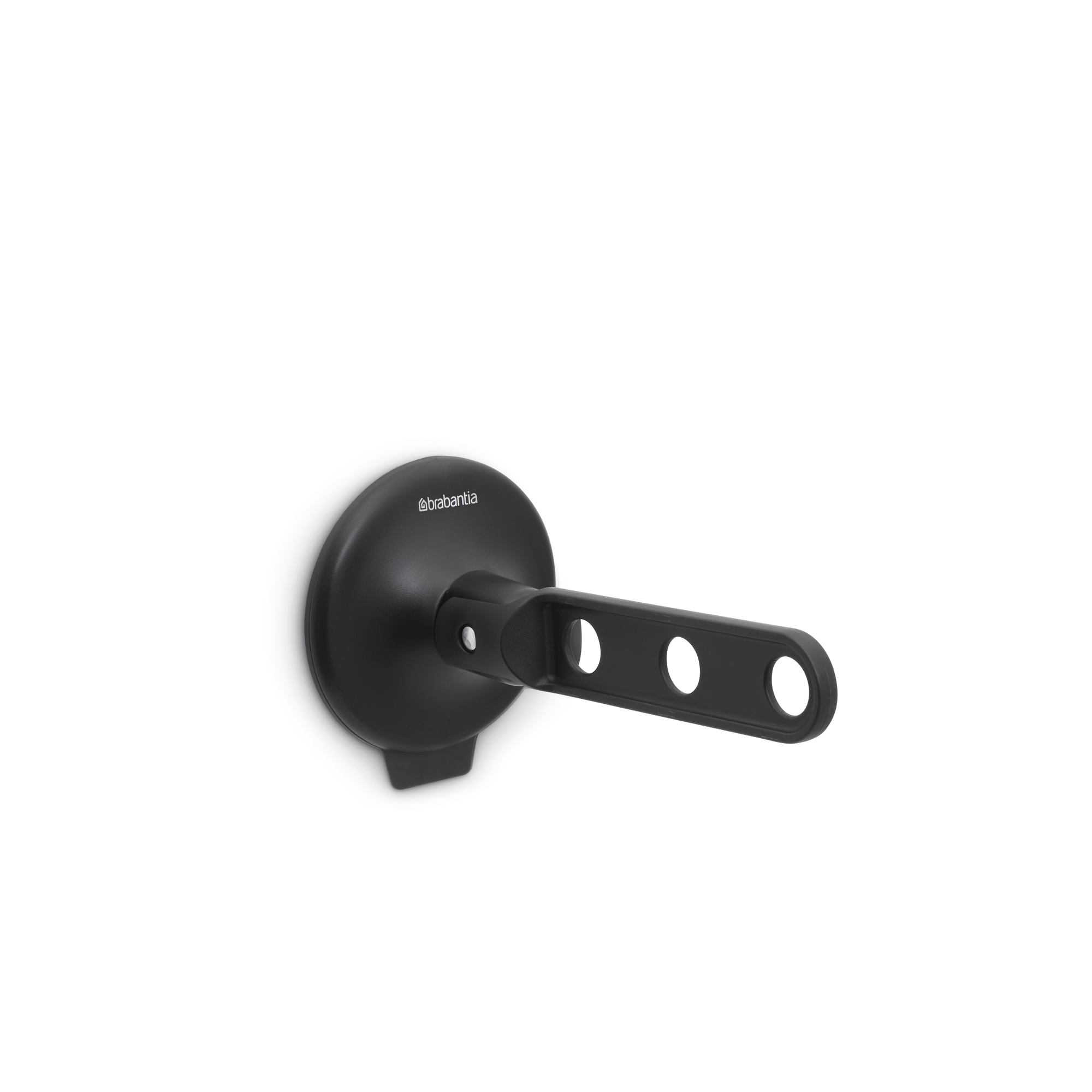Black Brabantia wall hook with three circular holes, on a white background.