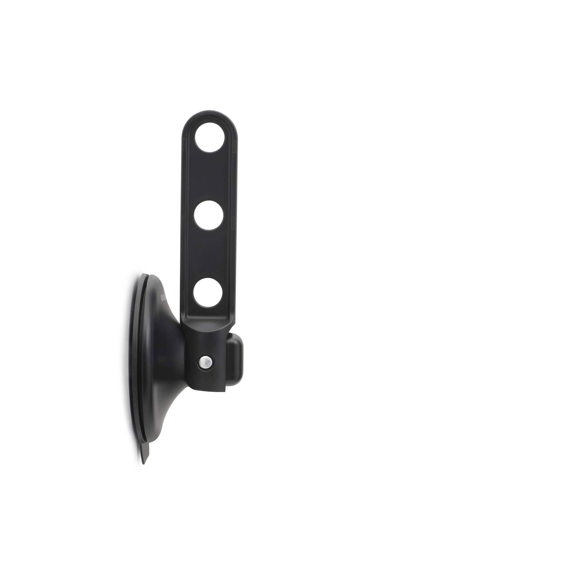 A black suction cup holder with three holes on a white background.