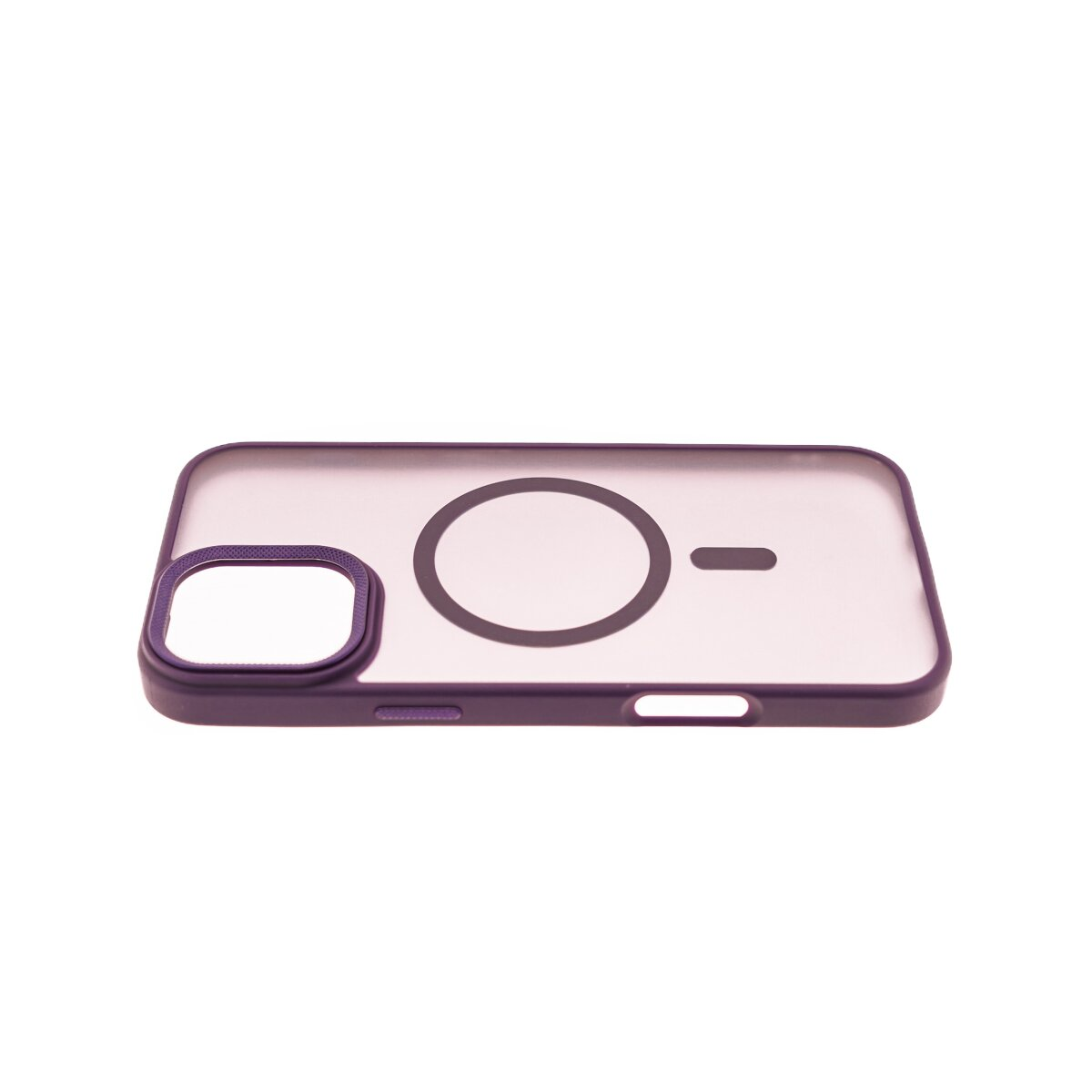 Custodia viola per telefono con ritagli per fotocamera e MagSafe.