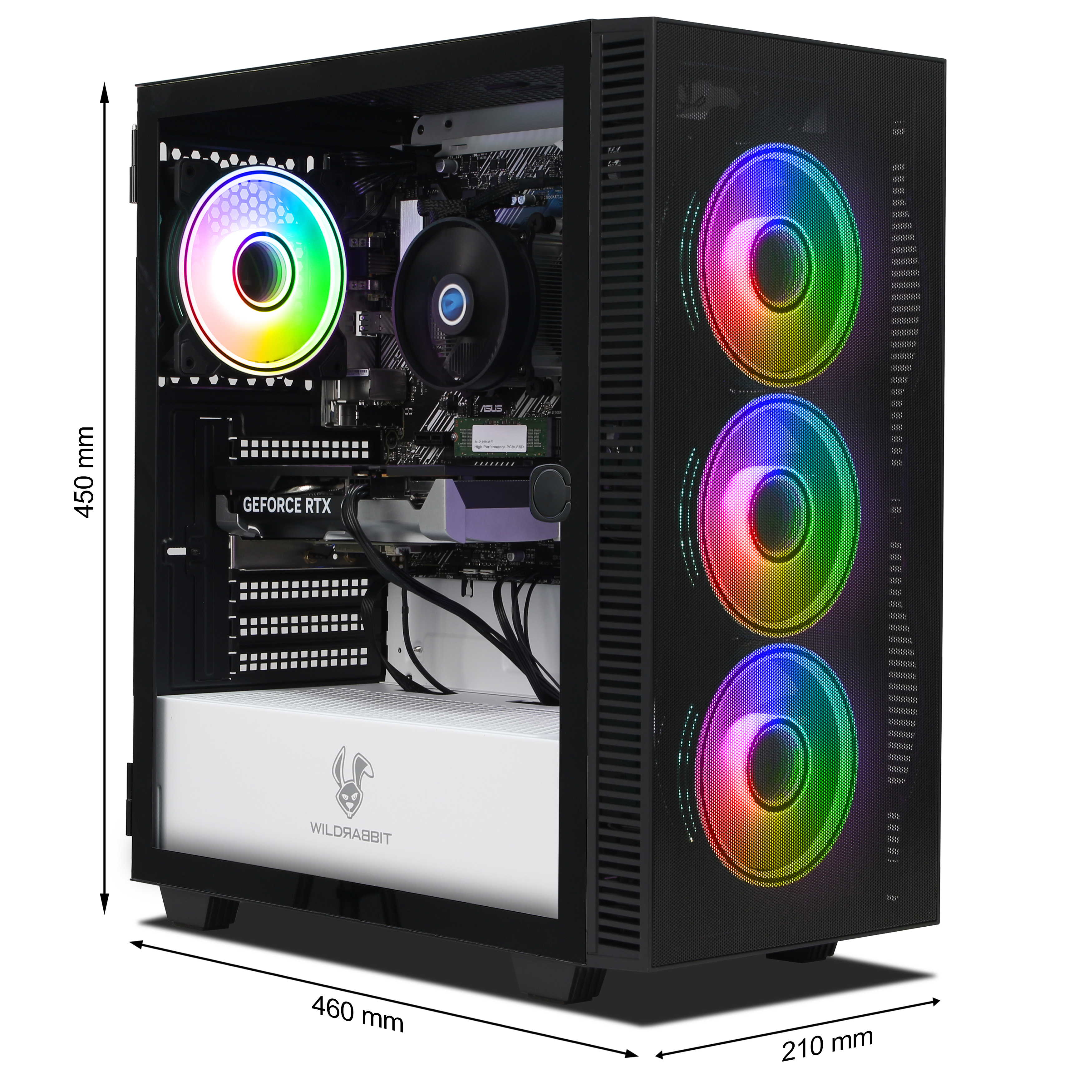 Una caja de PC negra con ventiladores RGB y dimensiones.