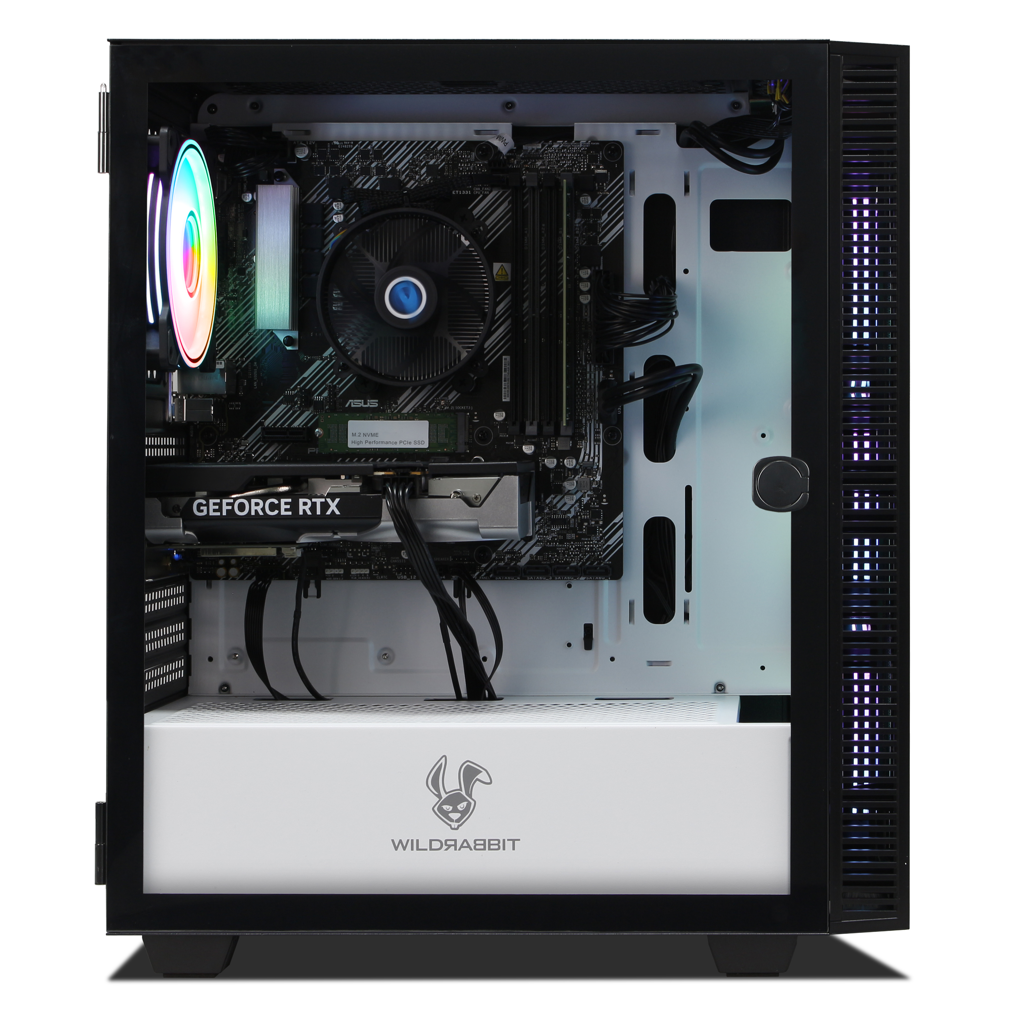 Una caja de PC que muestra tarjeta gráfica, disipador de CPU y ventilador RGB.