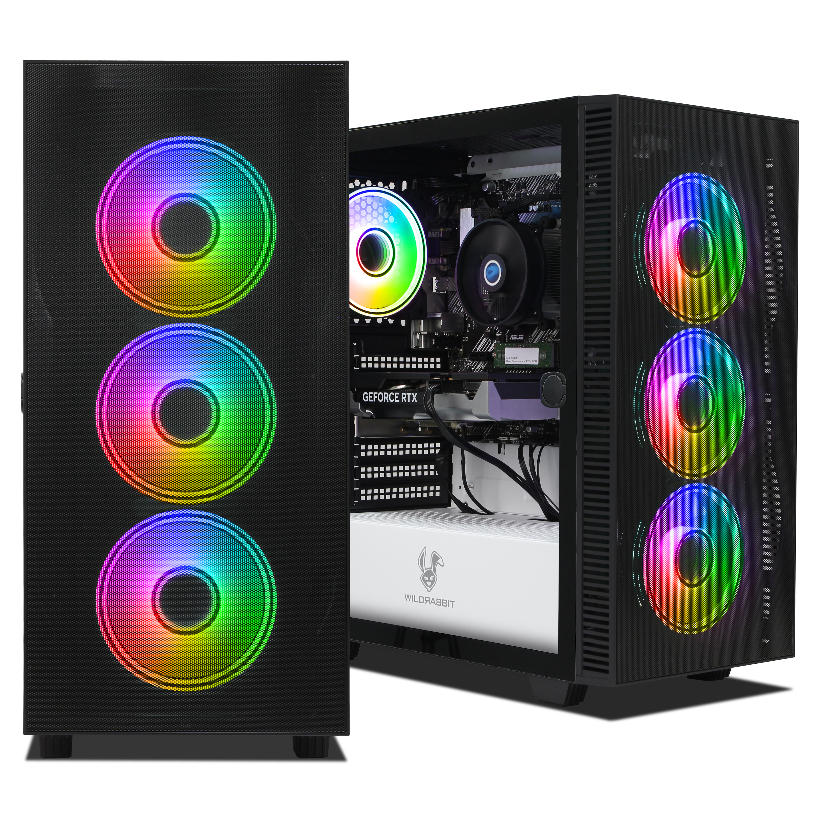 Torre de PC negra con ventiladores RGB y componentes internos visibles.