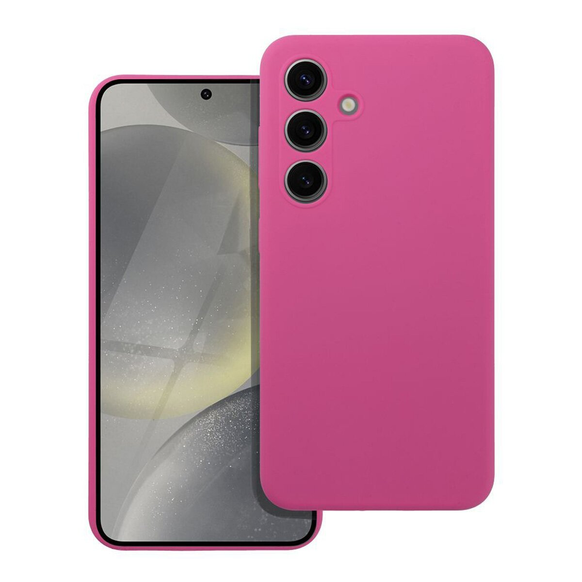 Ein pinkes Handycover liegt neben einem Smartphone mit grauen Hintergrundbild.