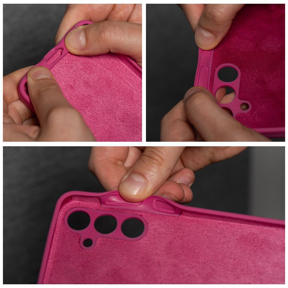 Hände biegen eine pinke Handyhülle, um sie über ein Telefon zu stülpen.