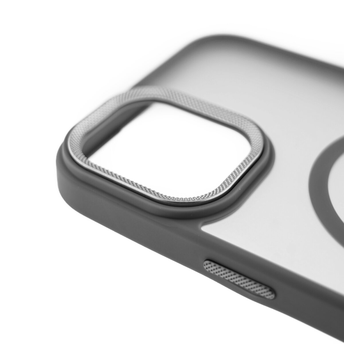 Cornice grigia per cover telefono con bordo e pulsante argento.